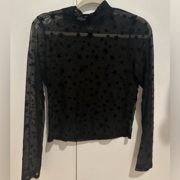 BLACK STAR MESH LONG SLEEVE HIGH NECK TOP - Picture 2 of 4